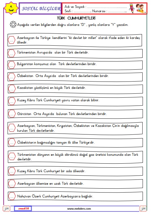 4. Sınıf Sosyal Bilgiler Türk Cumhuriyetleri Etkinliği 3