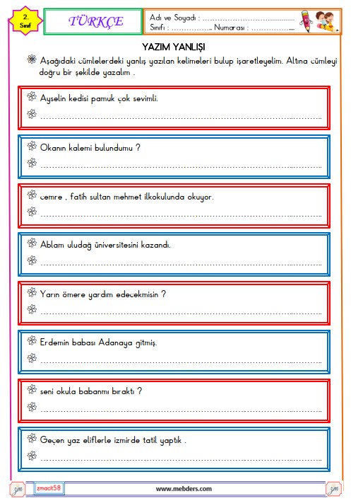 2. Sınıf Türkçe Yazım Yanlışı Etkinliği 9