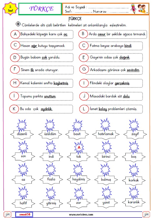 2. Sınıf Türkçe Zıt Anlamlı Kelimeler Etkinliği 2