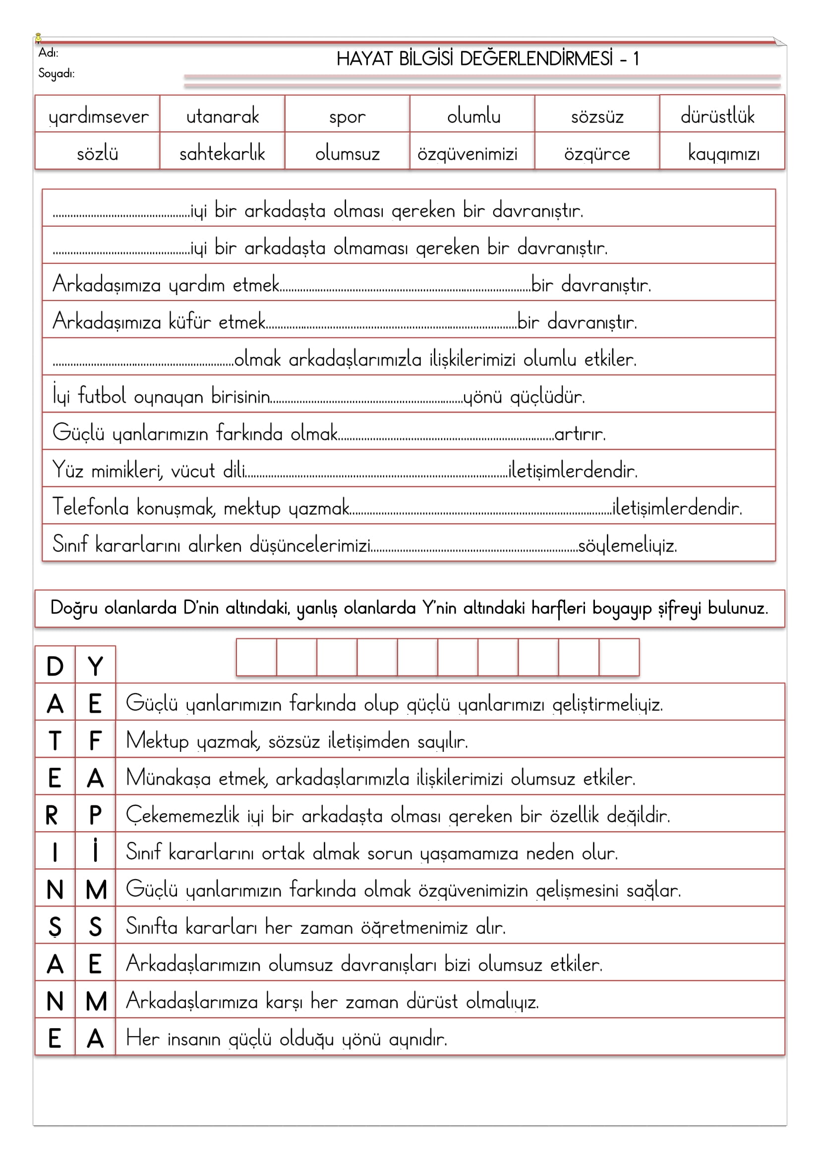 2.Sınıf - Hayat Bilgisi  I.Ünite Değerlendirmesi-1