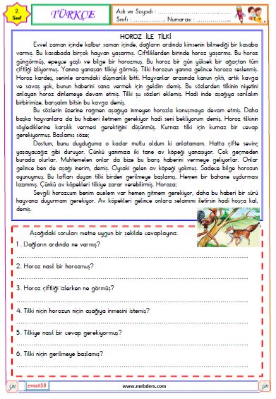 2. Sınıf Türkçe Okuma ve Anlam Etkinliği (Horoz ile Tilki)