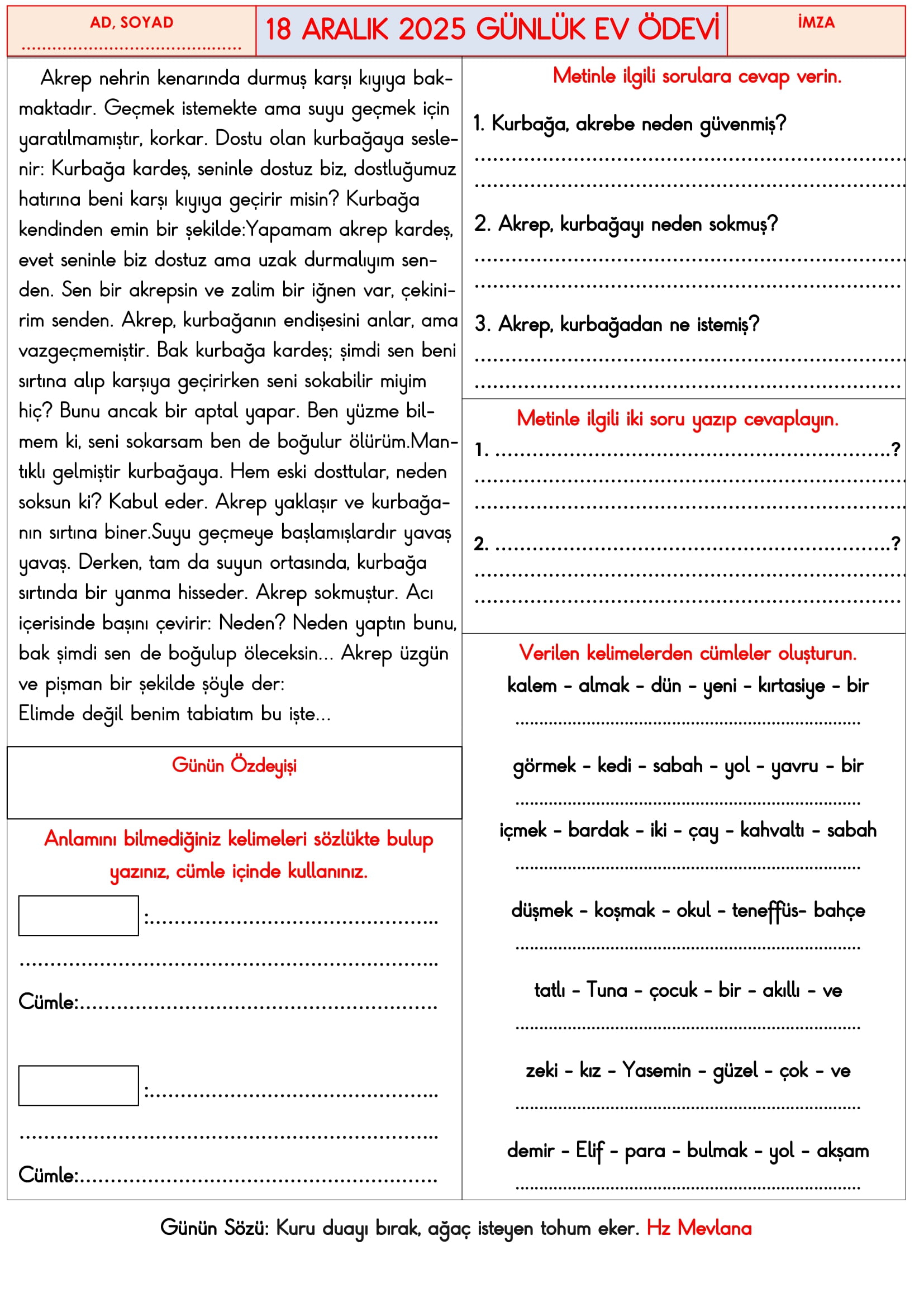 3.Sınıf - 18 Aralık 2025 Günlük Ev Ödevleri-2