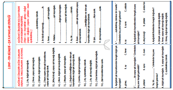 3.Sınıf - Fen Bilimleri Işık Kaynakları Etkinliği