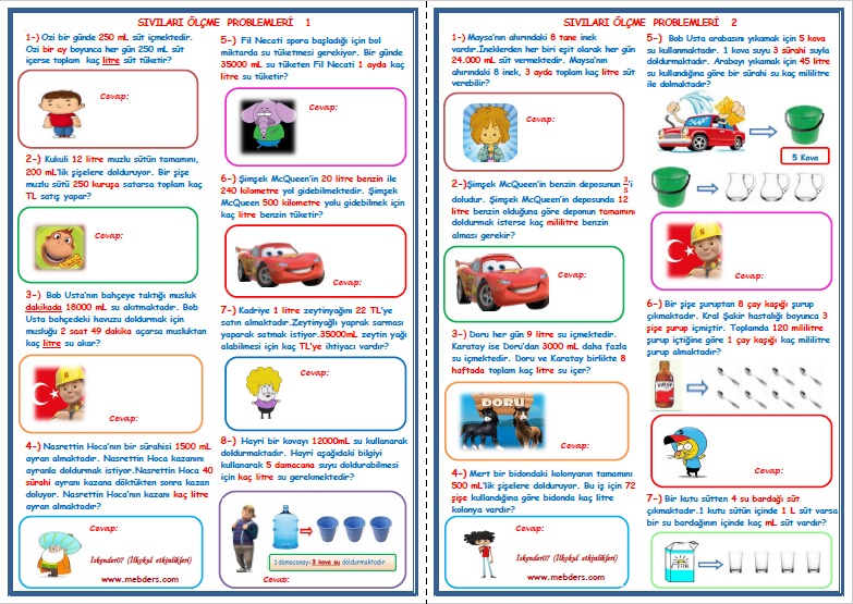 4.Sınıf Matematik Sıvı Ölçüleri Problemleri 1-2  (2 Sayfa)