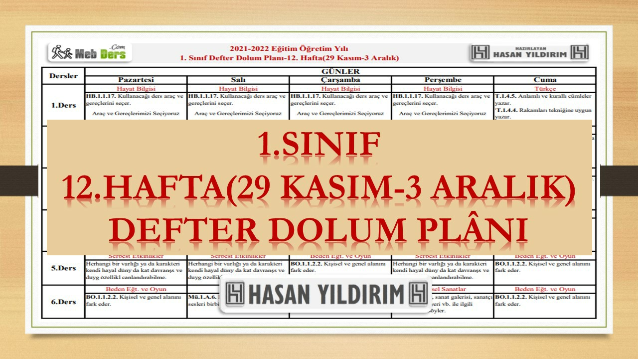 1.Sınıf 12.Hafta(29 Kasım-3 Aralık) Defter Dolum Planı