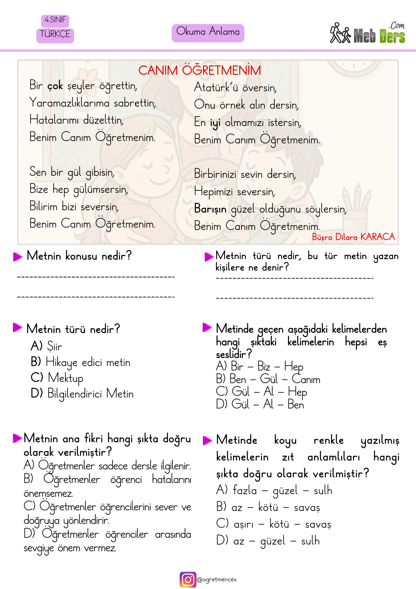 4. Sınıf Türkçe Şiirde Okuduğunu Anlama Çalışması