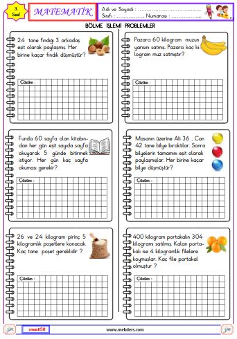 3. Sınıf Matematik Bölme İşlemi Problemleri Etkinliği 1