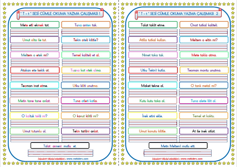 1.Sınıf T-t Sesi Cümle Okuma Yazma Çalışması   (2 Sayfa- 34 Farklı Cümle)