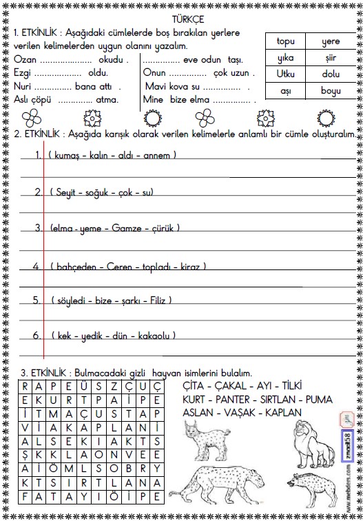 1. Sınıf Türkçe Boşluk Doldurma ve Cümle Oluşturma Etkinliği 19
