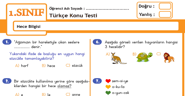 1.Sınıf Türkçe Hece Bilgisi Konu Tarama Testi