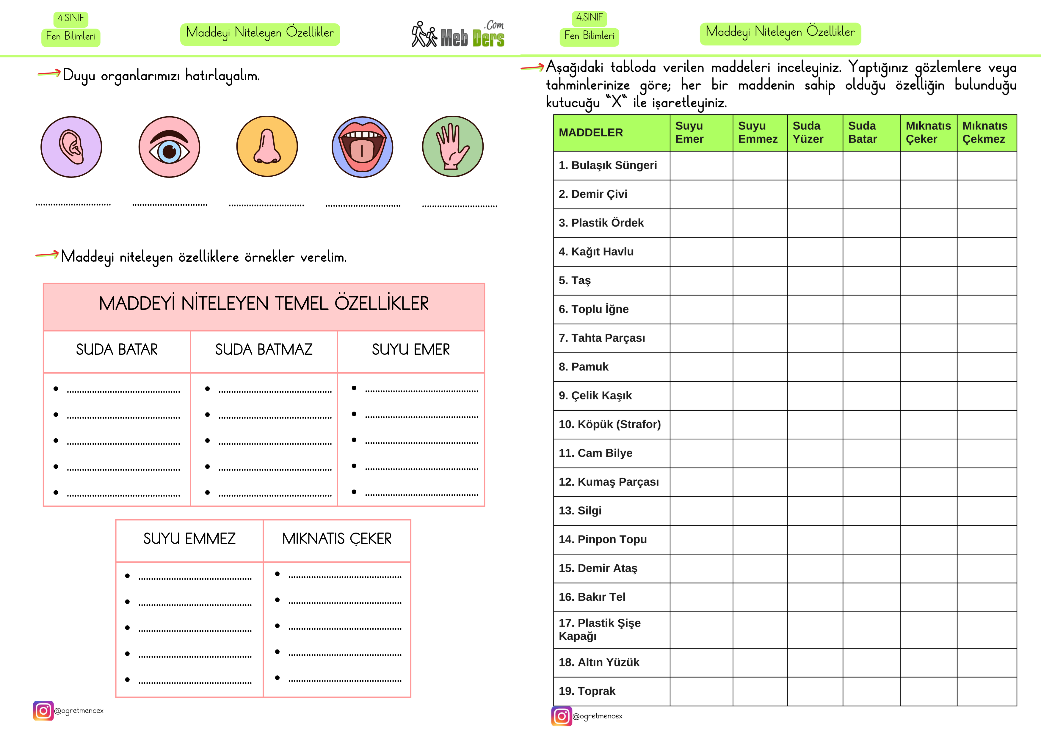 4. Sınıf Fen Bilimleri Maddeyi Niteleyen Özellikler Çalışma Sayfası (2 Sayfa)