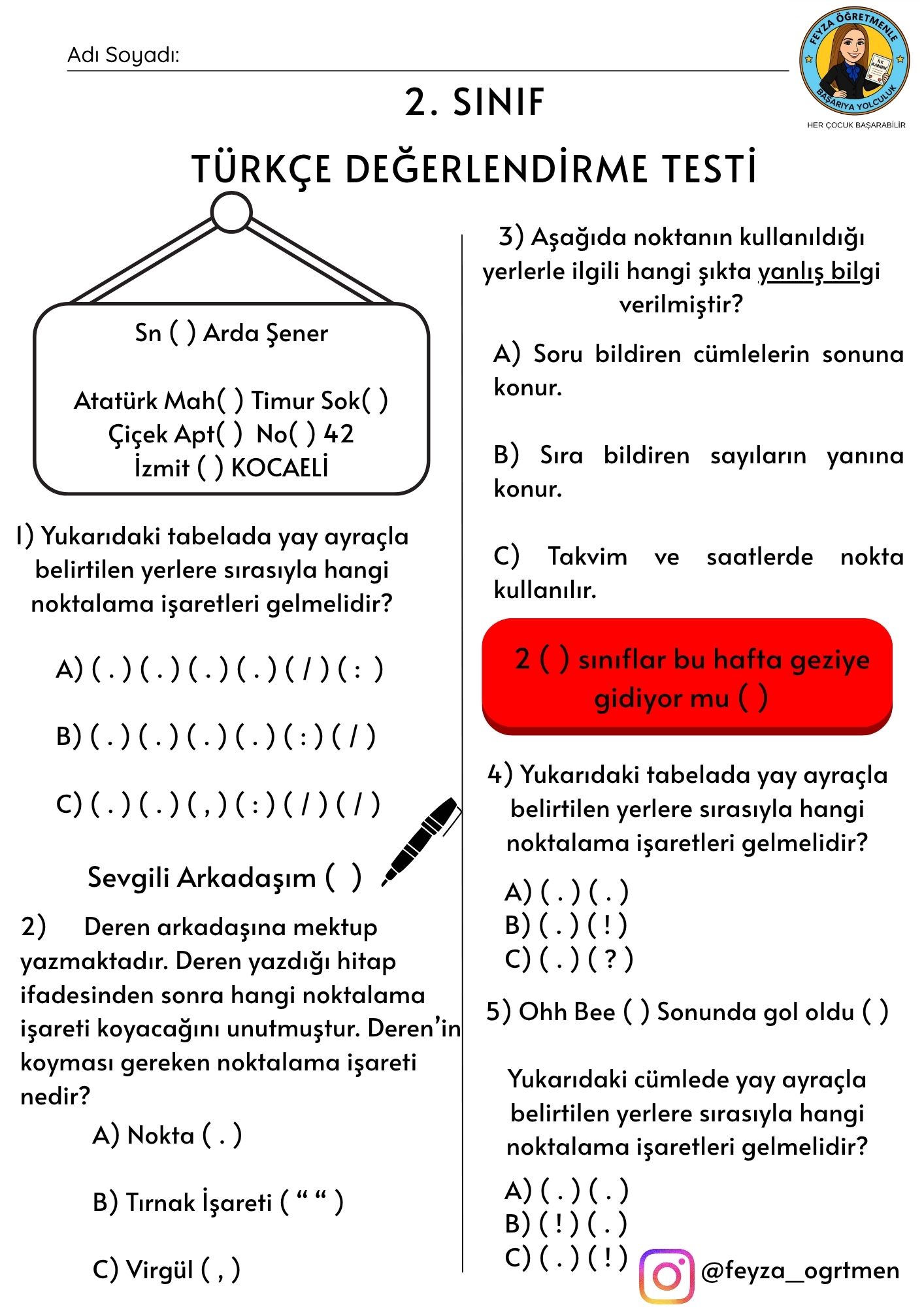 2. Sınıf Türkçe-Matematik Dersinden Haftalık Değerlendirme Testi