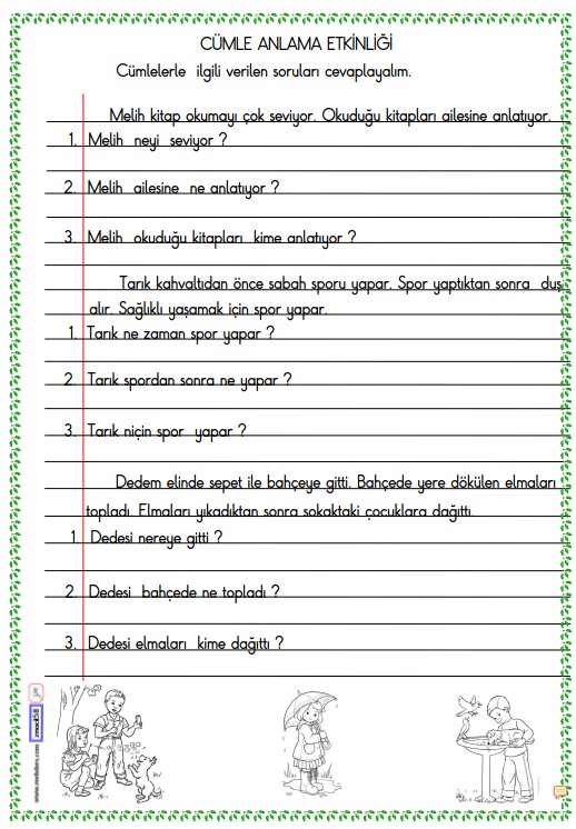 1. Sınıf Türkçe Cümle Anlama Etkinliği 6