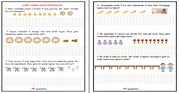 2. Sınıf Matematik Çarpma İşlemi Problemleri (3 Sayfa)