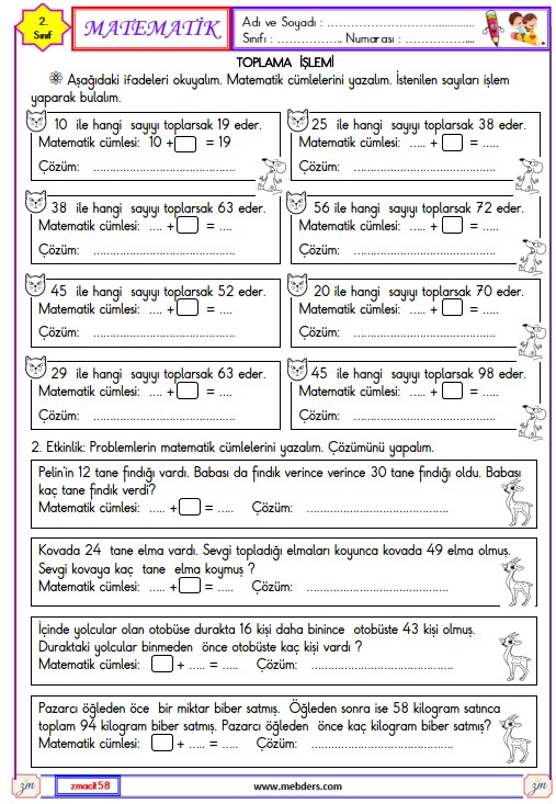 2. Sınıf Matematik Verilmeyen Toplananı Bulma Etkinliği 4