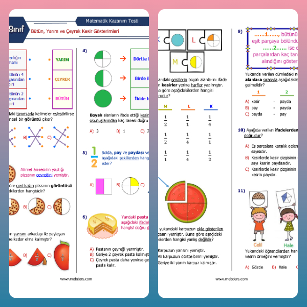 3. Sınıf Matematik Bütün, Yarım ve Çeyrek Kesir Kazanım Testi