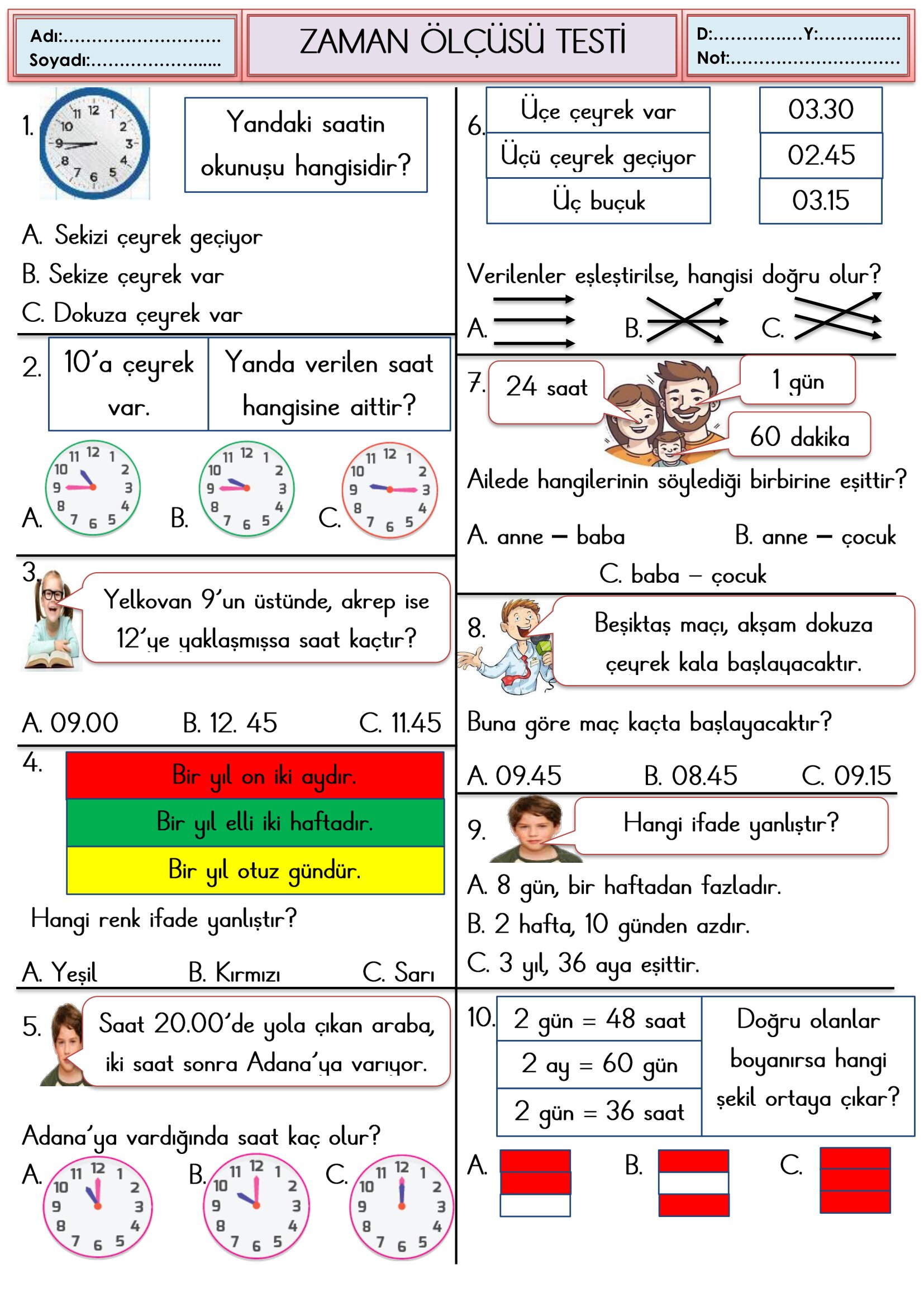 2.Sınıf Matematik Zaman Ölçüleri Testi