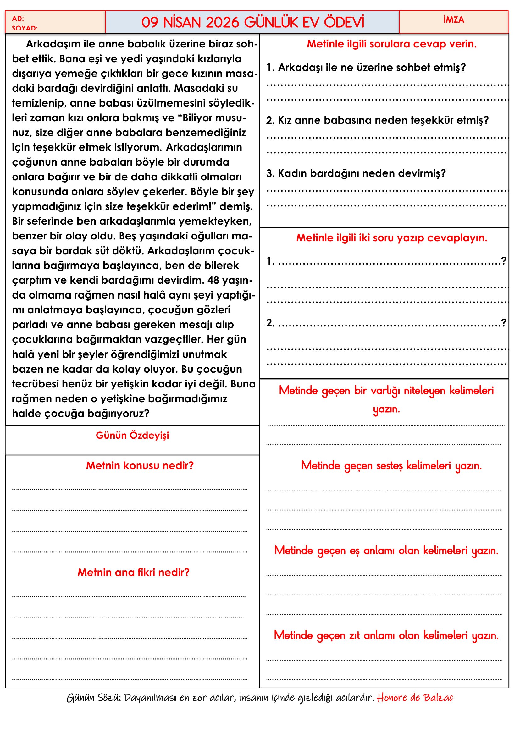 4.Sınıf - 09 Nisan 2026 Günlük Ev Ödevleri