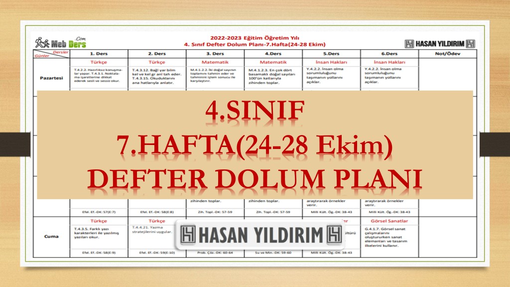 2022-2023 Eğitim Öğretim Yılı 4. Sınıf 7. Hafta (24-28 Ekim) Defter Dolum Planı