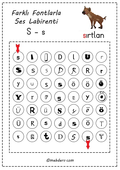 Farklı fontlarla ses labirenti - s sesi