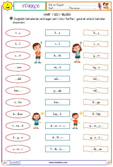 3. Sınıf Türkçe Harf Bilgisi Etkinliği 3