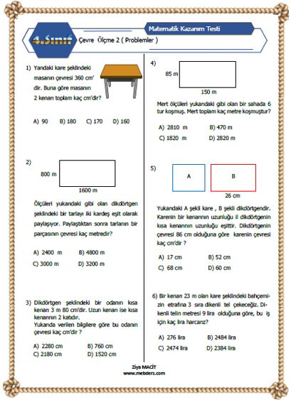 4.Sını Matematik Çevre Ölçme  Kazanım Testi 2 ( Problemler )