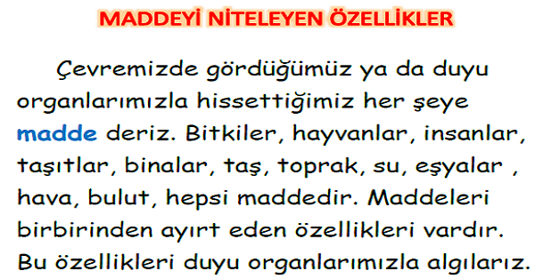 3.Sınıf Fen Bilimleri Maddeyi Niteleyen Özellikler Konu Özeti