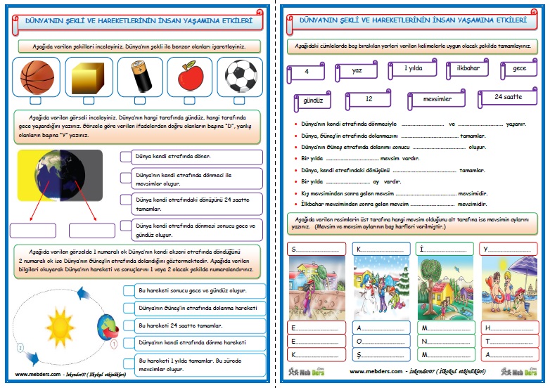 2.Sınıf Hayat Bilgisi Dünya'nın Şekli ve Hareketlerinin İnsan Yaşamına Etkileri