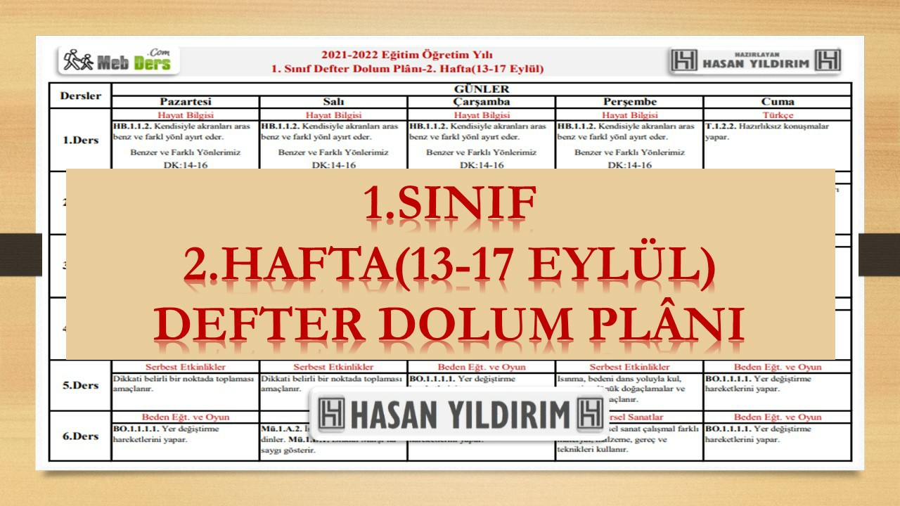 1.Sınıf 2.Hafta(13-17 Eylül) Defter Dolum Planı