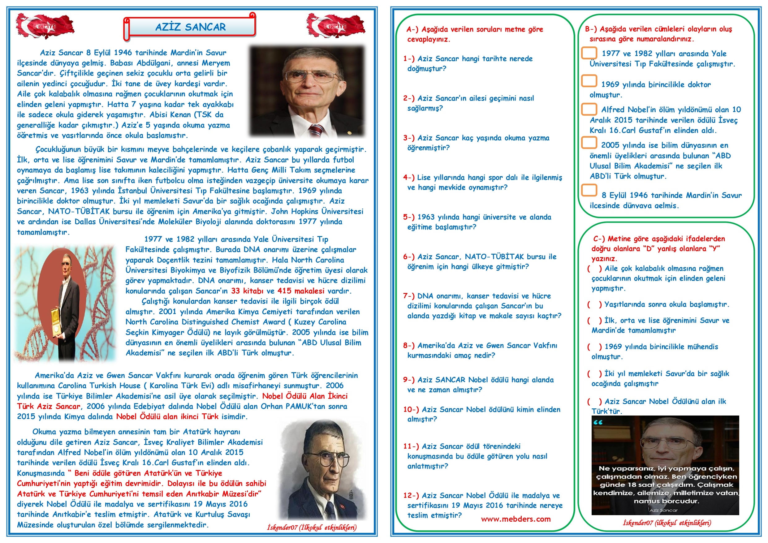 4.Sınıf Türkçe Aziz Sancar Okuma Anlama  ve Metin Çalışması  8