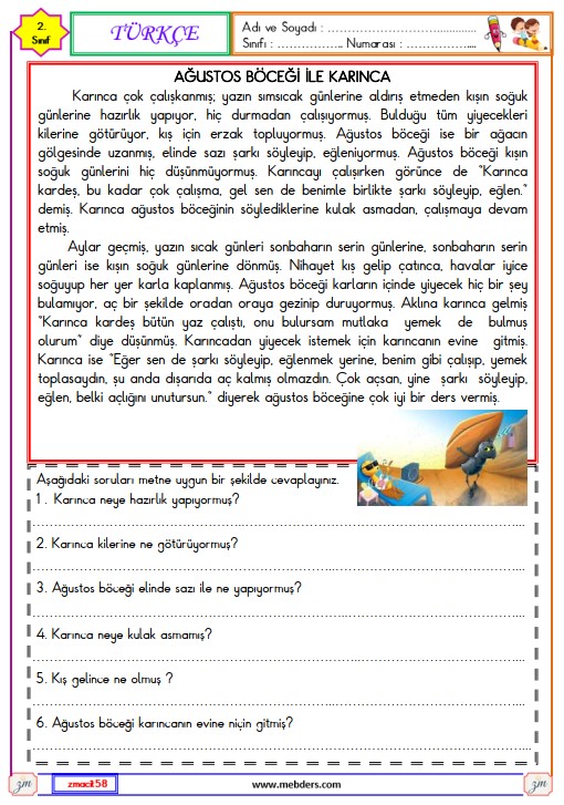 2. Sınıf Türkçe Okuma ve Anlama Metni Etkinliği (Ağustos Böceği ile Karınca)