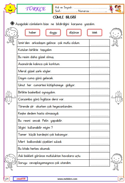 3. Sınıf Türkçe Cümle Bilgisi Etkinliği