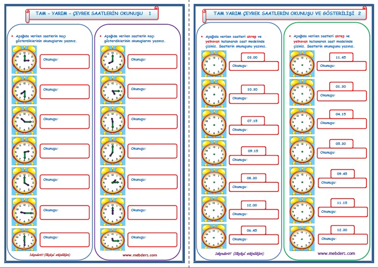 2.Sınıf Matematik Saatlerin Okunuşu ve Gösterilişi  1-2   (2 Sayfa)