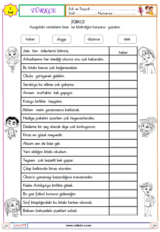 2. Sınıf Türkçe Duygu, Düşünce, Haber ve İstek Cümleleri Etkinliği