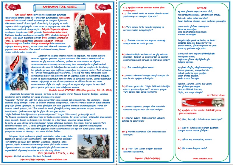 4.Sınıf Türkçe Kahraman Türk Askeri Okuma Anlama ve Metin Çalışması 9