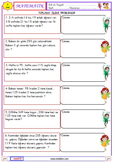 3. Sınıf Matematik Toplama İşlemi Problemleri Etkinliği 3