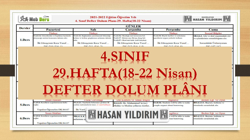 4.Sınıf 29.Hafta(18-22 Nisan) Defter Dolum Planı